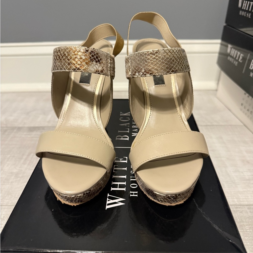 White House Black Market Beige and Snakeskin Platform Sandals - Greta, Size 8